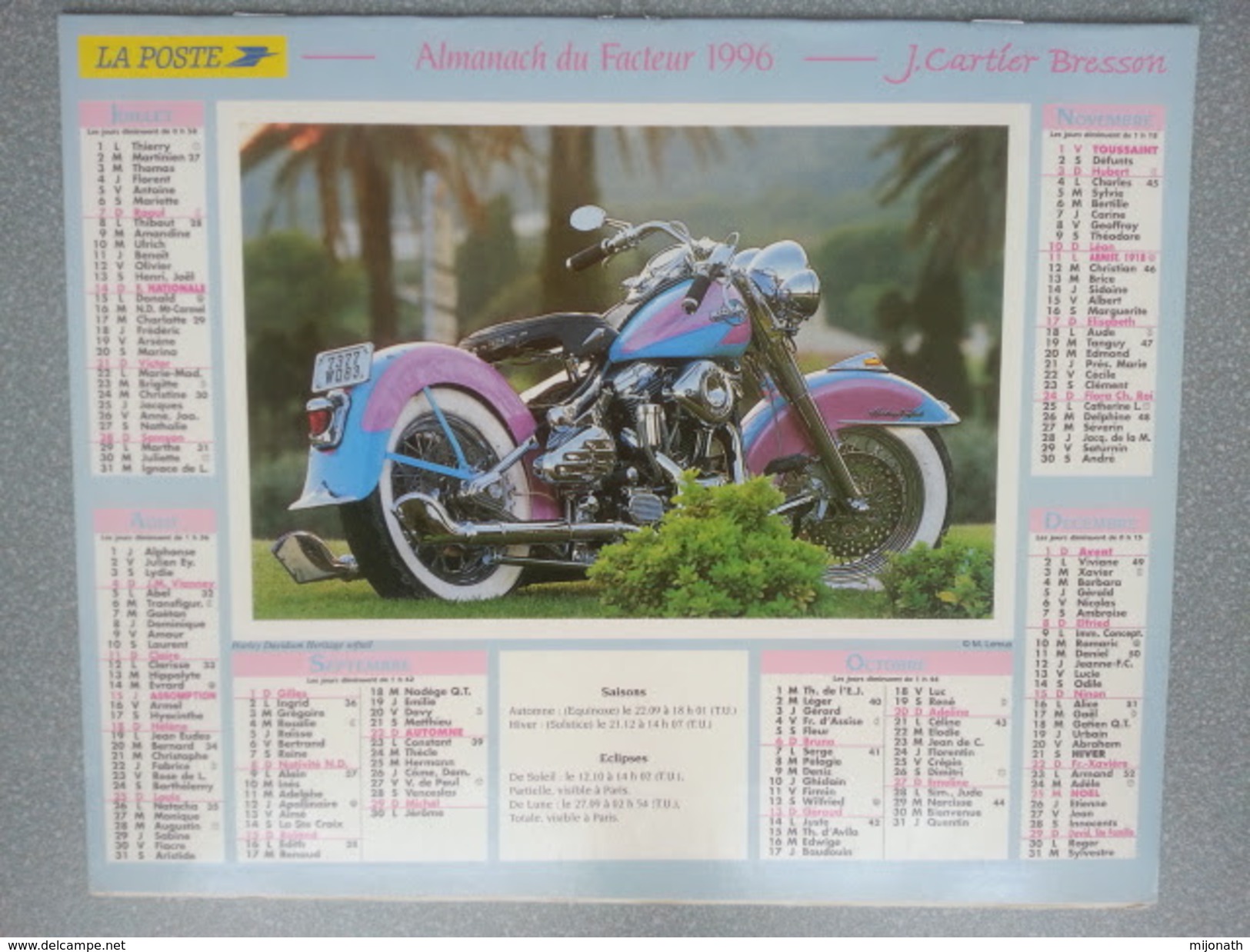 Vp-France-Calendrier 1996 Almanach Du Facteur - Packard Phaëton 1929 - Harley Davidson Heritage Softail - Formato Grande : ...-1900