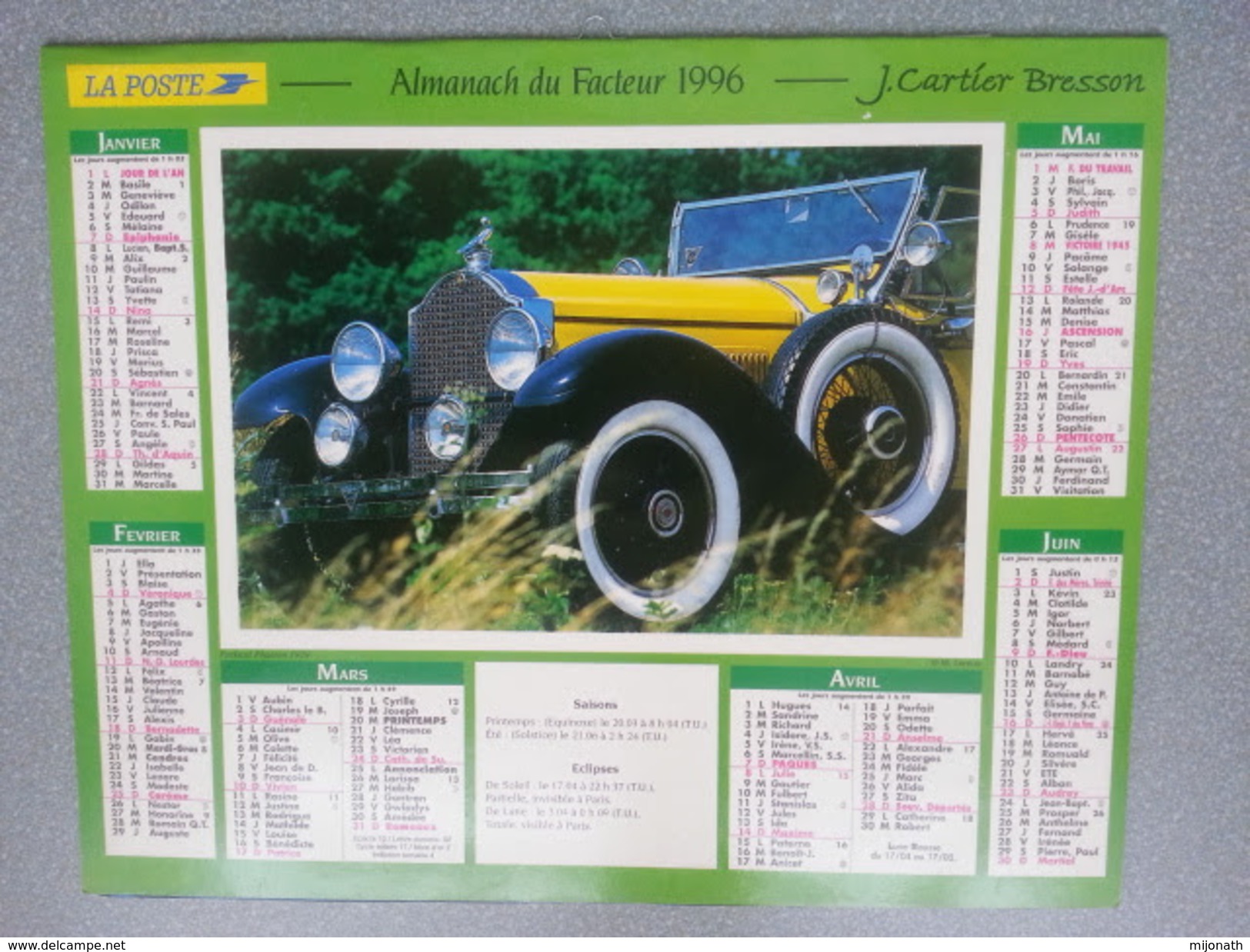 Vp-France-Calendrier 1996 Almanach Du Facteur - Packard Phaëton 1929 - Harley Davidson Heritage Softail - Grossformat : ...-1900