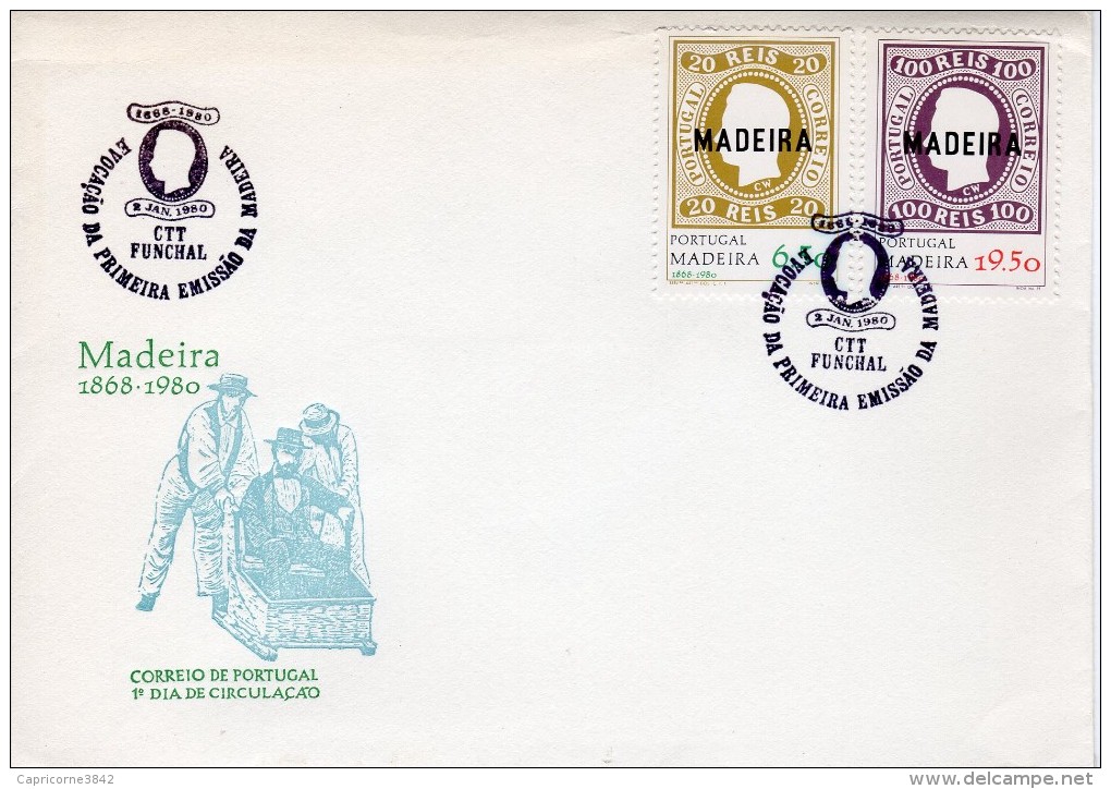 1980 - Portugal-Madère- Env.1er Jour- Evocation De La 1ere émission Des Timbres Postaux De Madère Roi Louis 1er (n°67/68 - Madeira