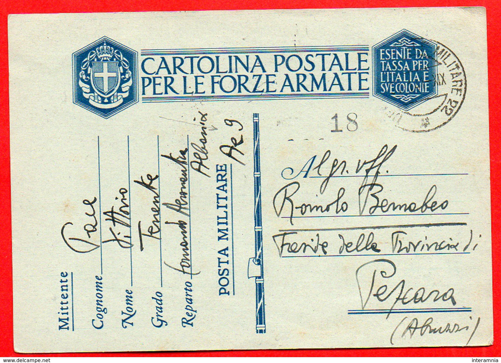 FRANCHIGIA-POSTA MILITARE-COMANDO AERONAUTICA-ALBANIA Ae 9-PER PESCARA-266 - Guerre 1939-45