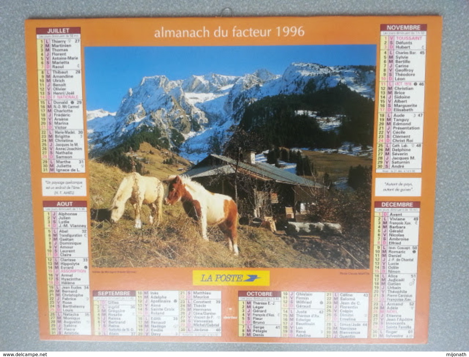 Vp-France-Calendrier 1996 Almanach Du Facteur - Les Grisons (Suisse) - Vallée De Manigod - Groot Formaat: ...-1900