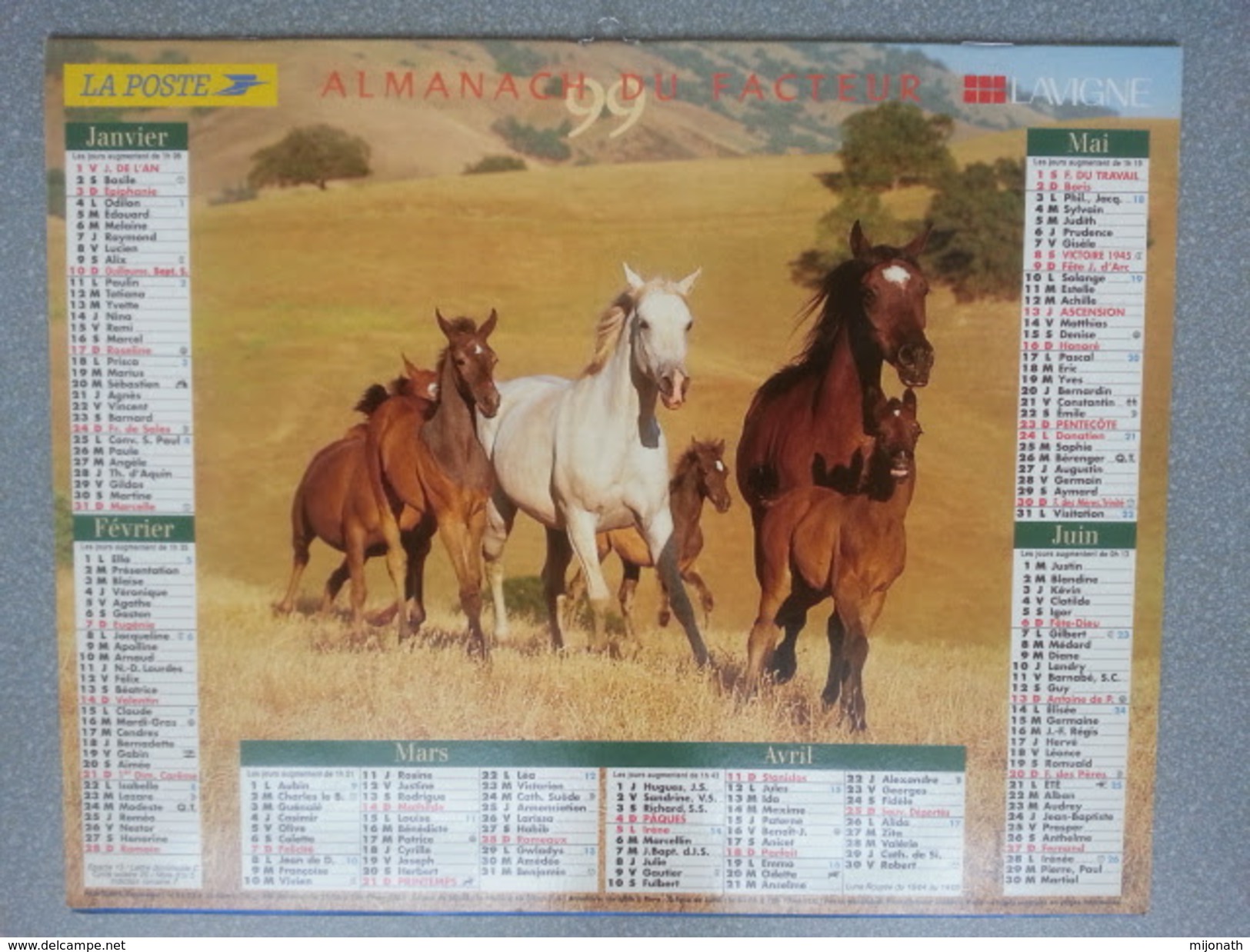 Vp-France-Calendrier 1999 Almanach Du Facteur - Chevaux - Formato Grande : ...-1900