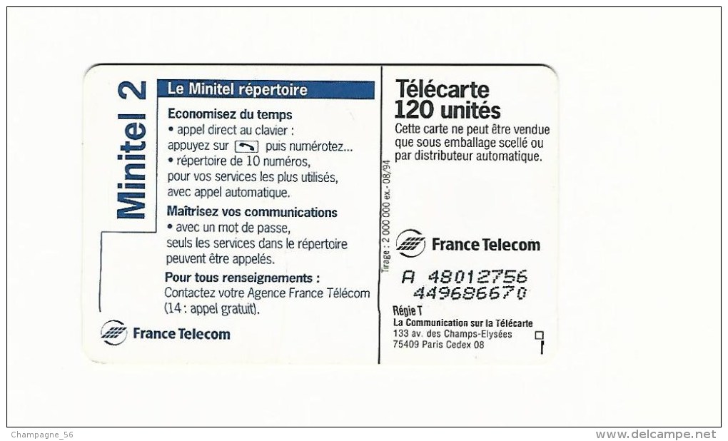 VARIÉTÉS FRANCE TÉLÉCARTE 08 / 94  F502 MINITEL 2 V1  120 U   SO5     UTILISÉE A 48012756 / 449686670 - Variétés