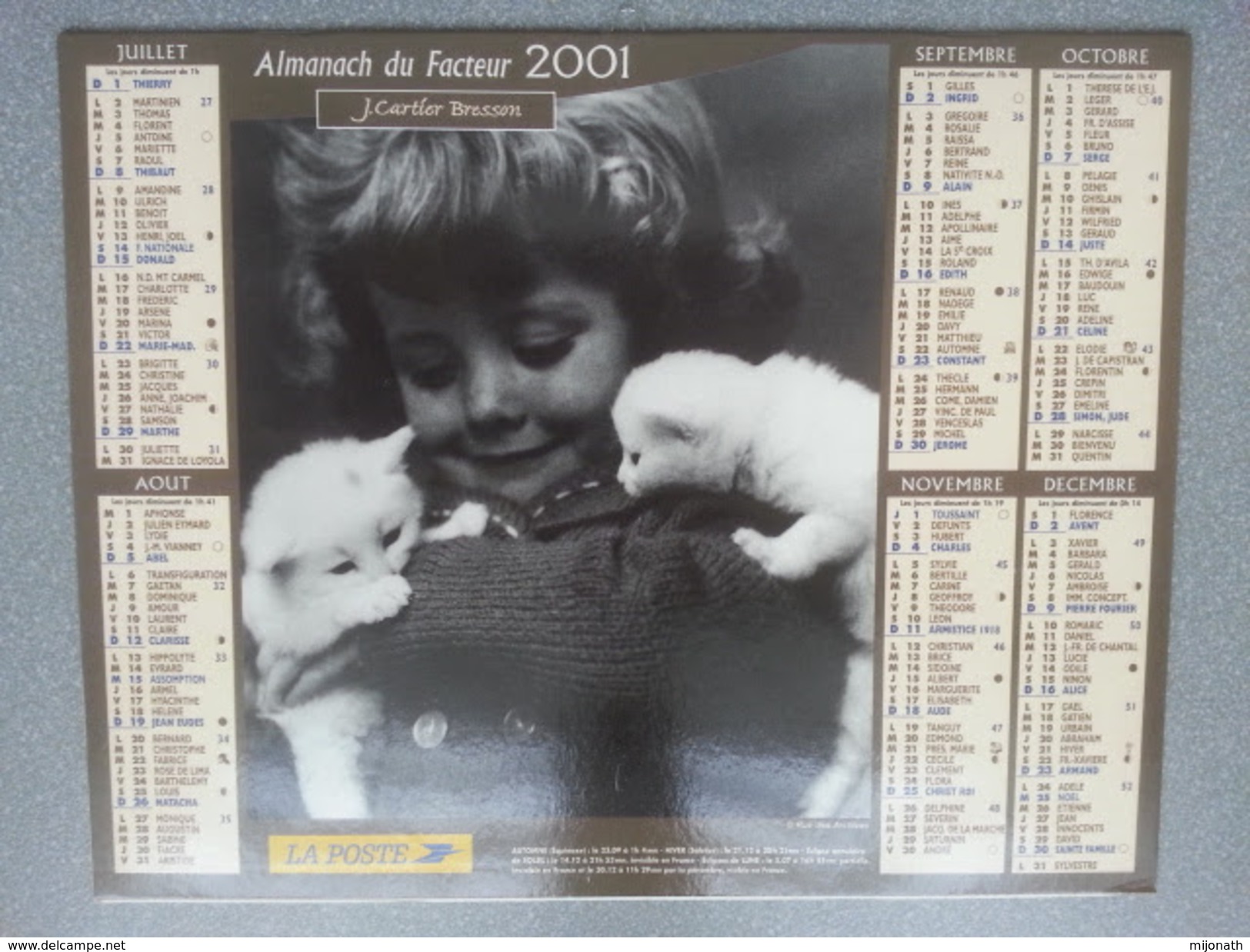 Vp-France-Calendrier 2001 Almanach Du Facteur - Enfants Jouant Sur La Neige - Enfant Et Chatons - Groot Formaat: ...-1900