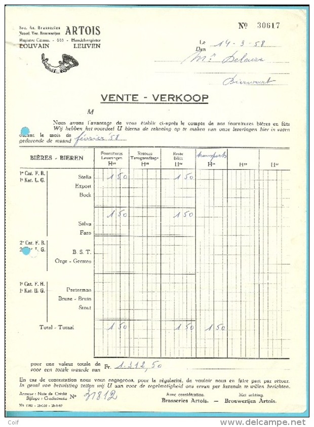 BRASSERIE - BROUWERIJ ARTOIS LEUVEN 1958  (F326) - Alimentaire