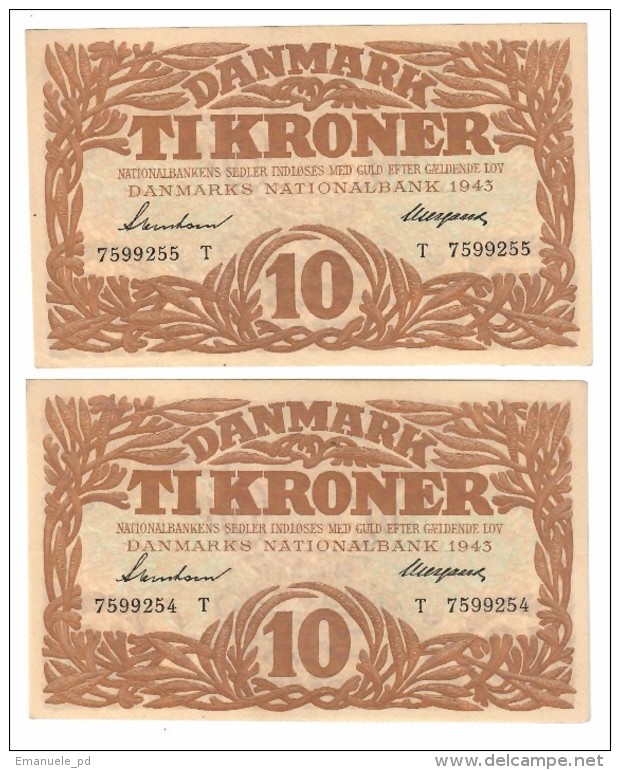 Denmark 10 Kroner 1943 AUNC (Price For 1 Banknote) Restored - Danimarca