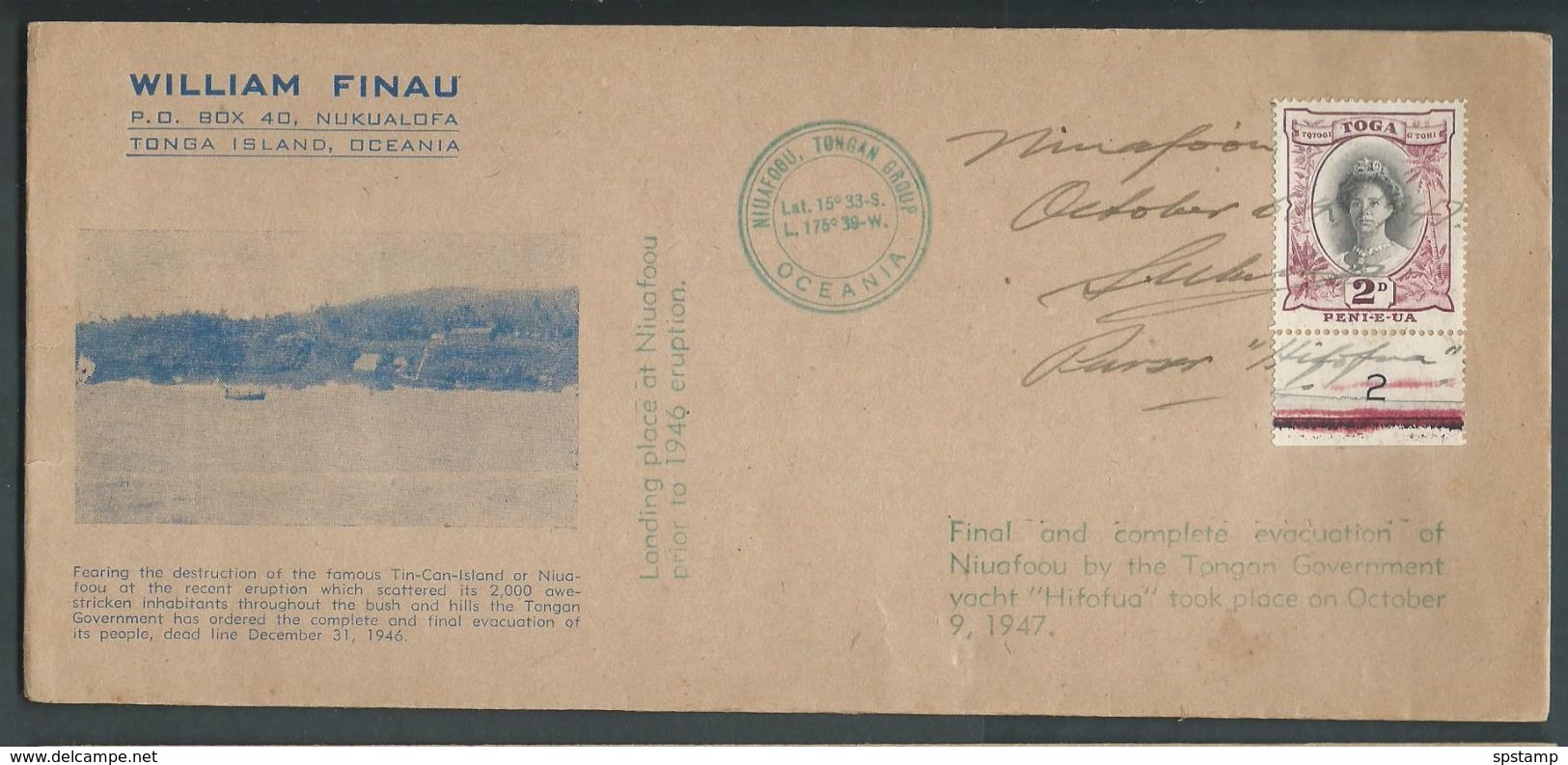 Tonga 1947 Niuafo'ou Evacuation Cover With 2d Queen Salote Plate 2 Single Tied By Manuscript Cancel - Tonga (...-1970)