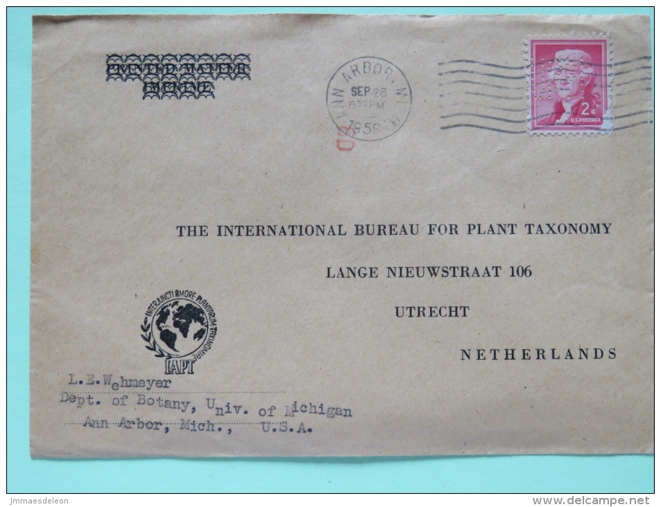 USA 1950 Cover Ann Arbor To Holland - Botany - Jefferson - Perfin - Lettres & Documents