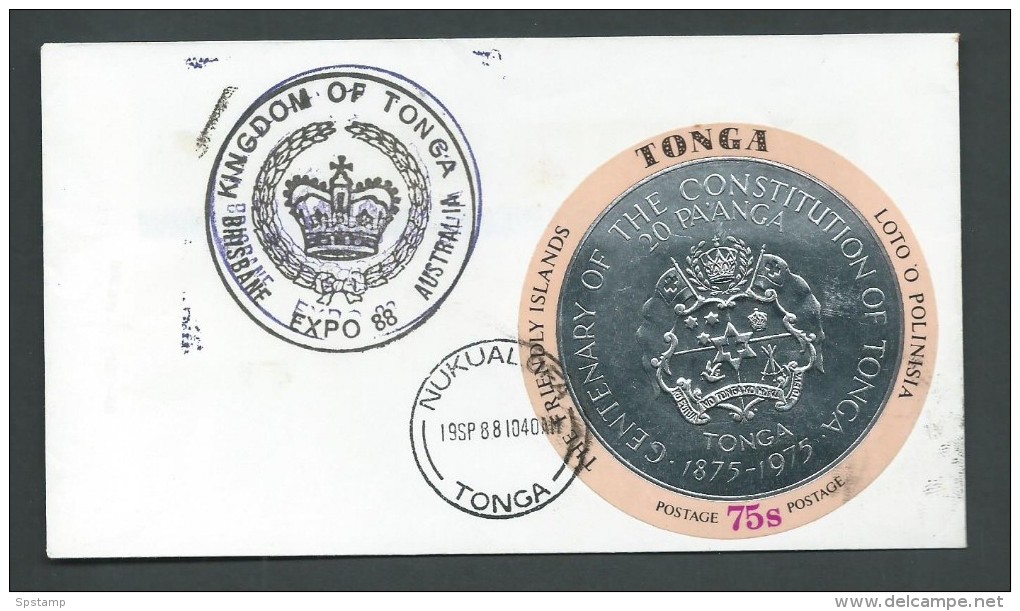 Tonga 1988 Brisbane Expo Cover With 75S Constitution Self Adhesive Nukualofa Cds & Expo Cachet - Tonga (1970-...)