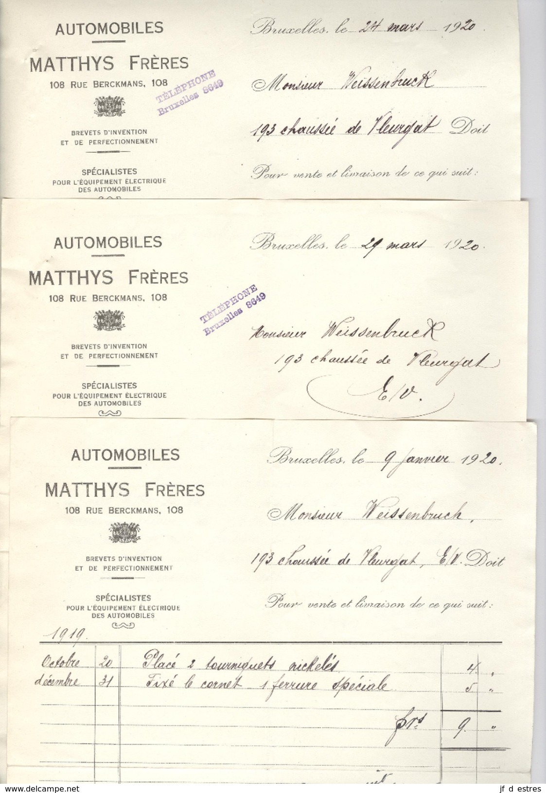 Automobiles Matthys Frères Bruxelles  . 3 Documents (factures Et Lettre) Autographes 1920 - Automobilismo