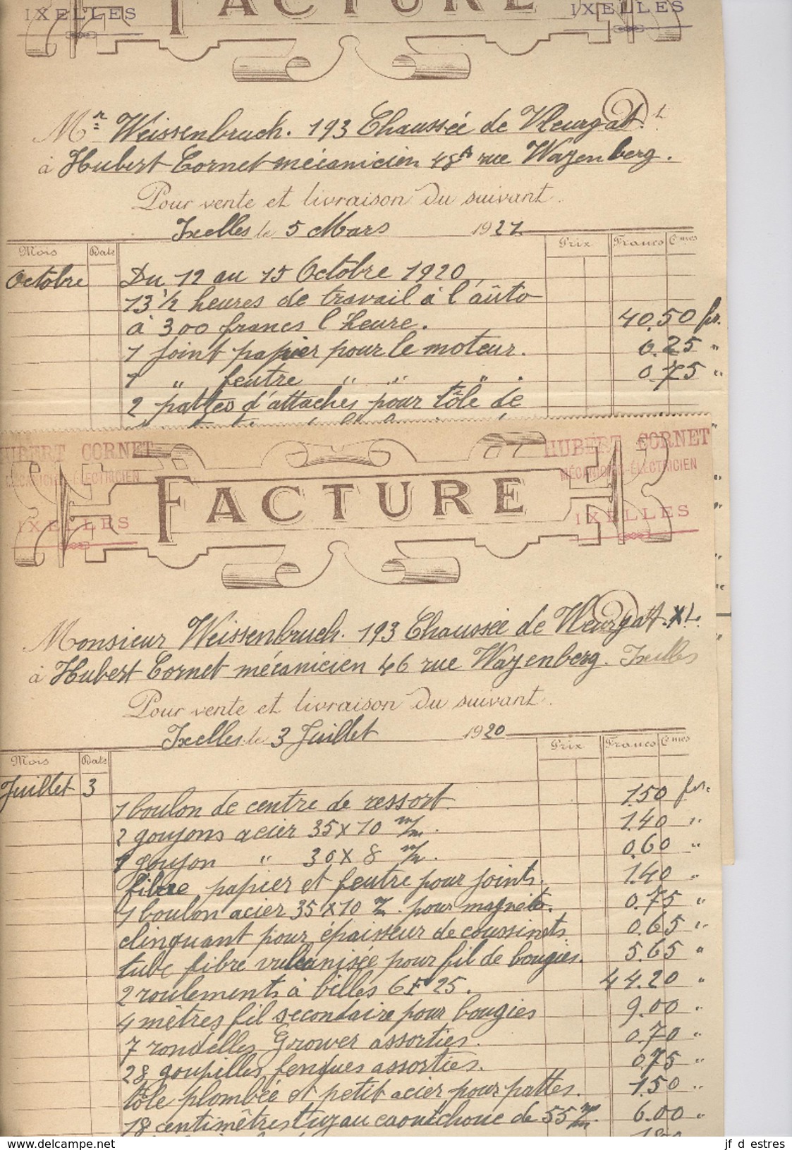 Hubert Cornet Mécanicien électricien Ixelles. 5 Factures Travaux Sur L'auto De M. Weissenbruch 1920-1921 - Automobilismo
