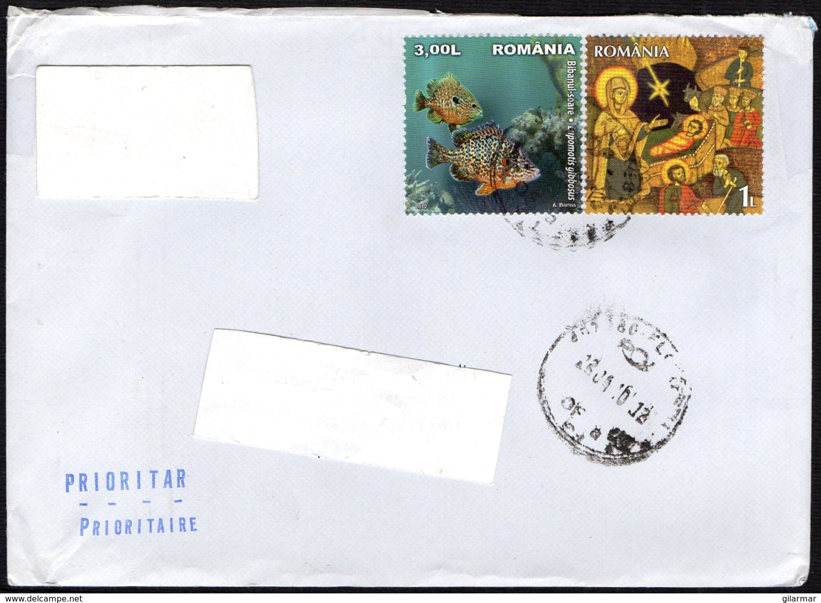 ROMANIA 2016 - MAILED ENVELOPE - CHRISTMAS / FISH: EUPOMOTIS GIBBOSUS - Poststempel (Marcophilie)