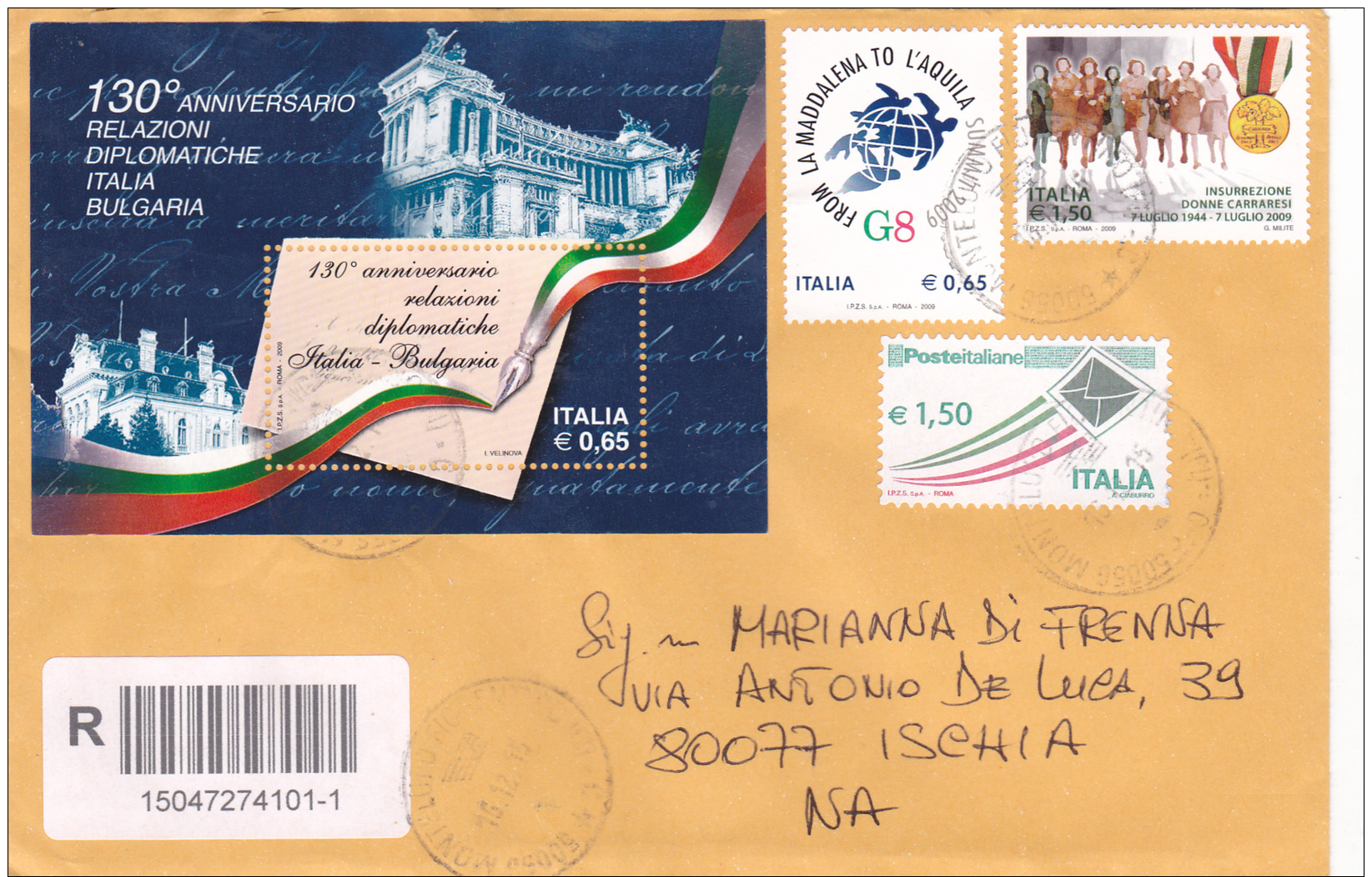 STORIA POSTALE.REPUBBLICA.ITALIA.BUSTA.AFFRANCATURA MISTA.FOGLIETTO.G8.MONTELUPO.5552 - 2011-20: Marcophilie