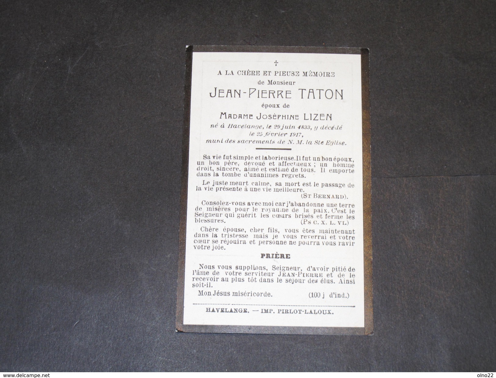 Monsieur Jean Pierre TATON Décédé à Havelange Le 25/2/1917 - Décès