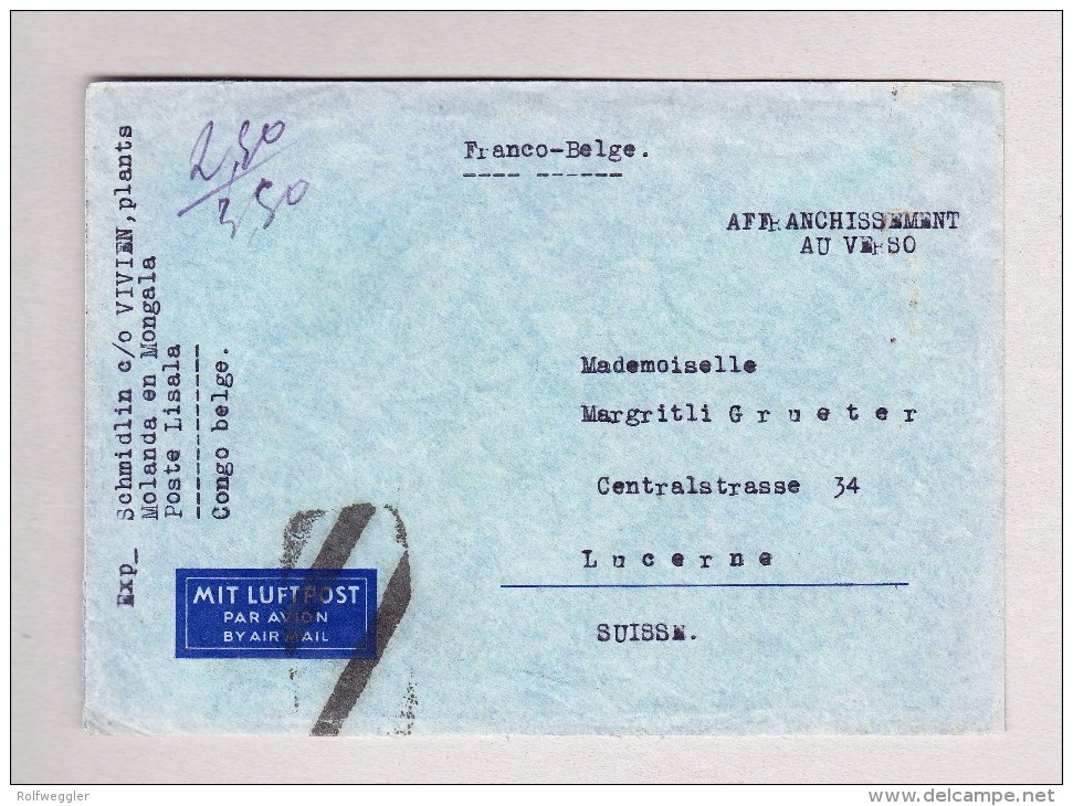 Belgisch Kongo - Lisala 13.2.1939 Luftpost Brief Nach Luzern Schweiz - Cartas & Documentos
