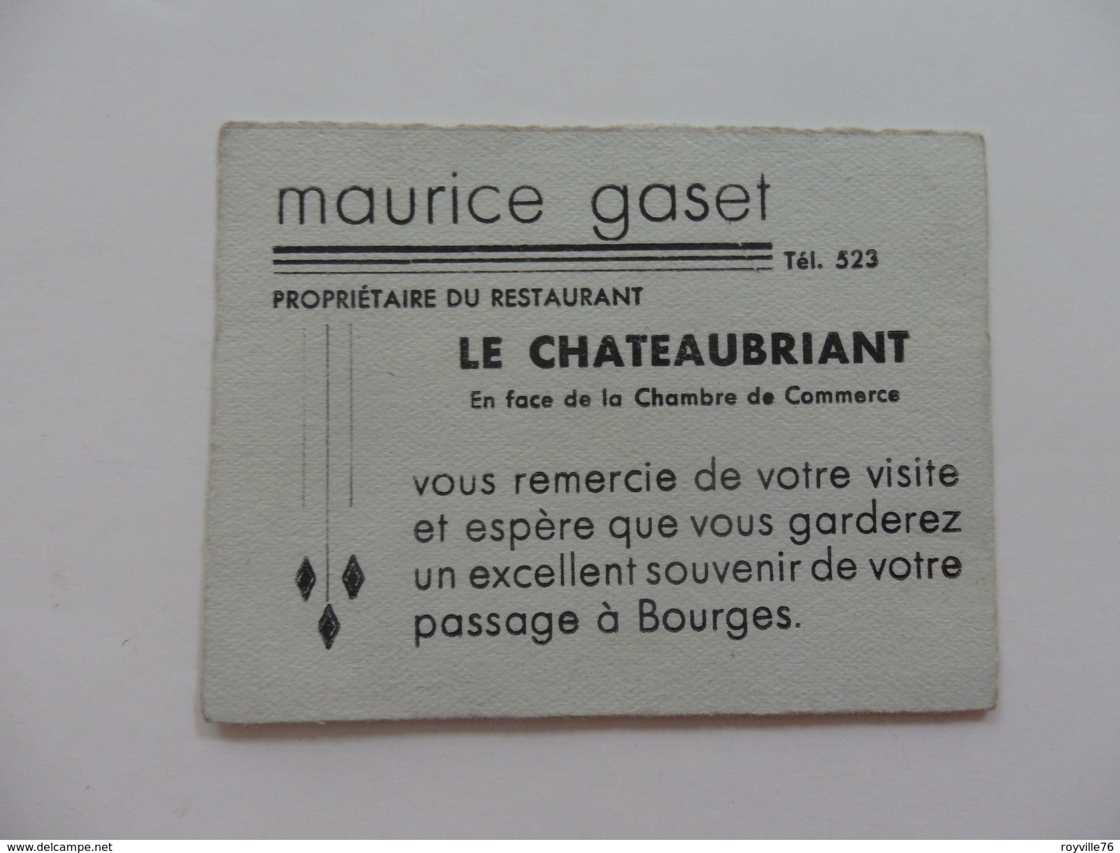 Carte De Visite De Maurice Gaset Propriétaire Du Restaurant "Le Chateaubriand" à Bourges (18). - Cartes De Visite