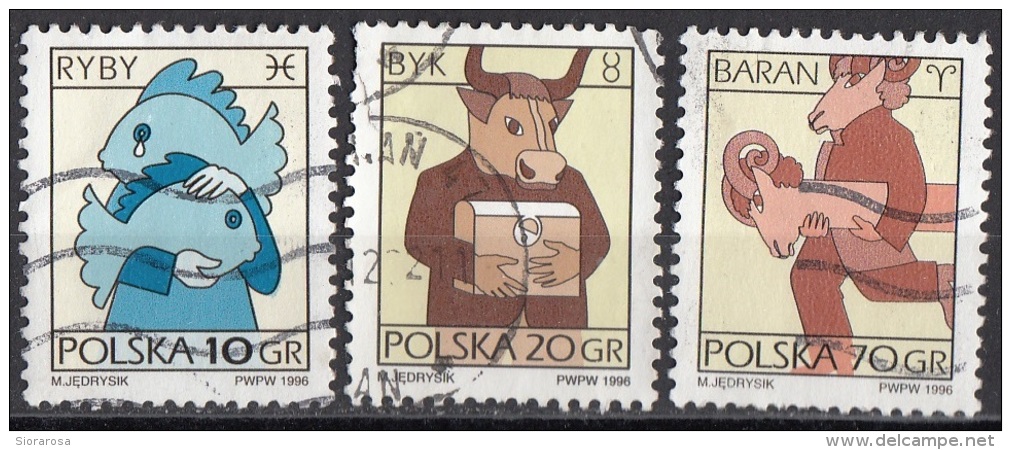 3278 Polonia 1996 Segni Zodiaco Zodiac Pesci - Toro - Ariete Viaggiato Used Polska Poland - Astrologia