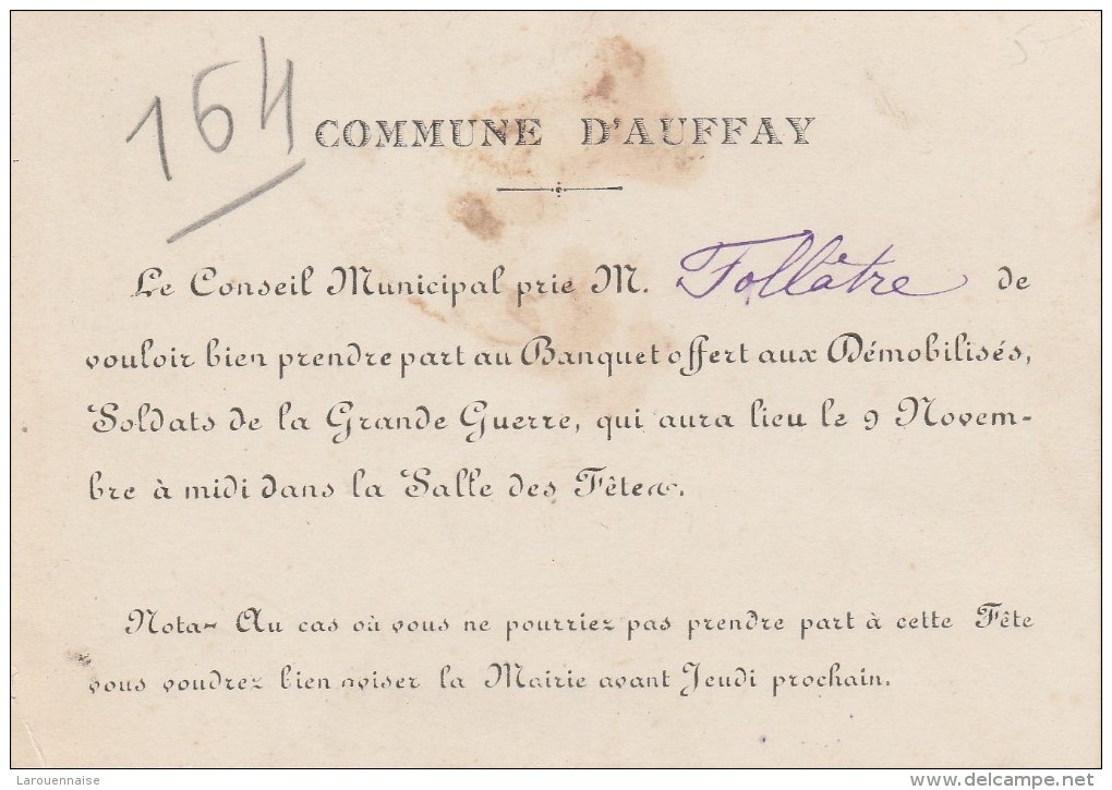 76 - AUFFAY - Carte De Visite De La Commune D'Auffay - Cartes De Visite