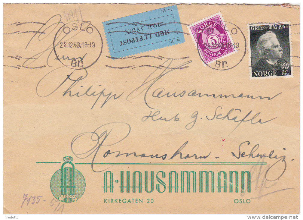 Luftpost-Zensur-Bedarfsbrief-Norwegen-Schweiz-Oslo-Romanshorn 1943 - Andere & Zonder Classificatie