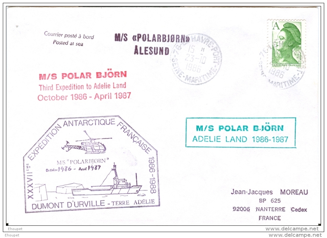 POLARBJORN. 23 OCTOBRE 1986. . TROISIEME EXPEDITION EN TERRE ADELIE - Covers & Documents