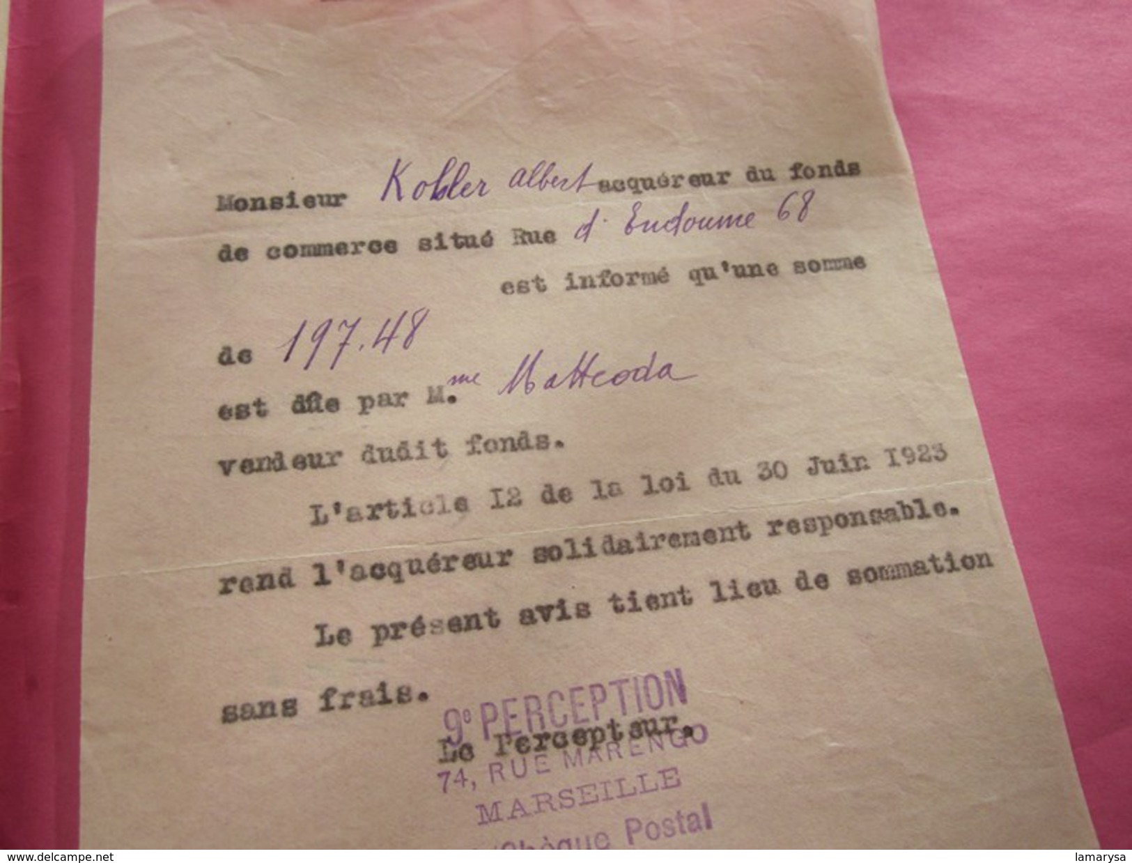 Registre Commerce 1925 Acquéreur Fond De Commerce  Somme A Vendeur 68 Endoume -Coiffure+tabac Civette A.Kolher Marseille - Documents Historiques