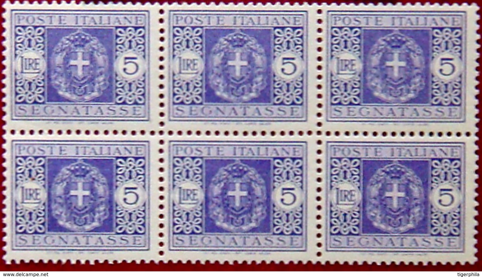 ITALY 1945 5L Due BLOCK Of 6 MNH ScottJ62 CV$78 WATERMARK : WINGED WHEEL - Portomarken