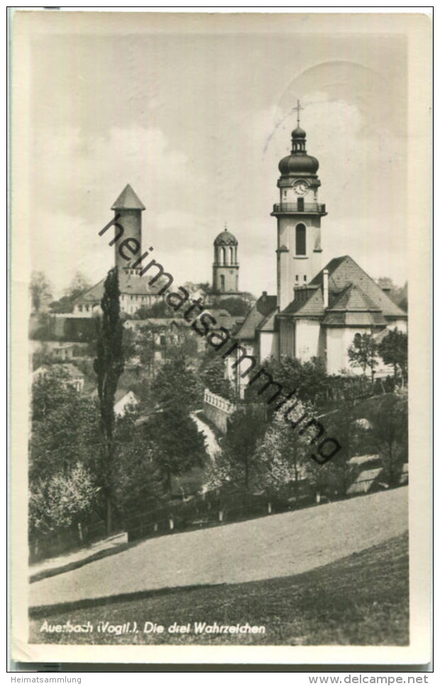 Auerbach - Drei Wahrzeichen - Foto-Ansichtskarte - Auerbach (Vogtland)