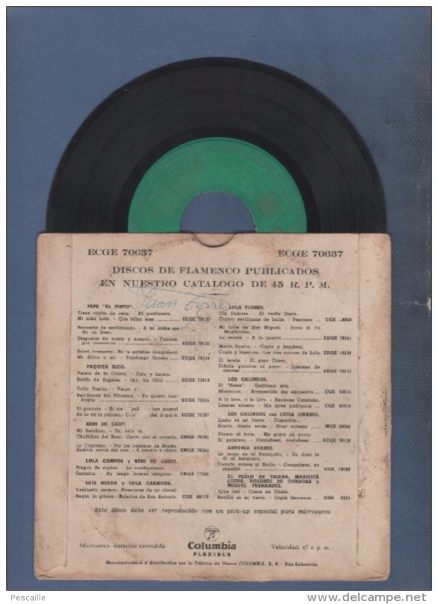 DISCO DE VINILO 45 T - JUANITO VALDERRAMA Y ADELFA SOTO - A LA GUITARRAS JOSE MARIA PARDO - COLUMBIA - Other - Spanish Music