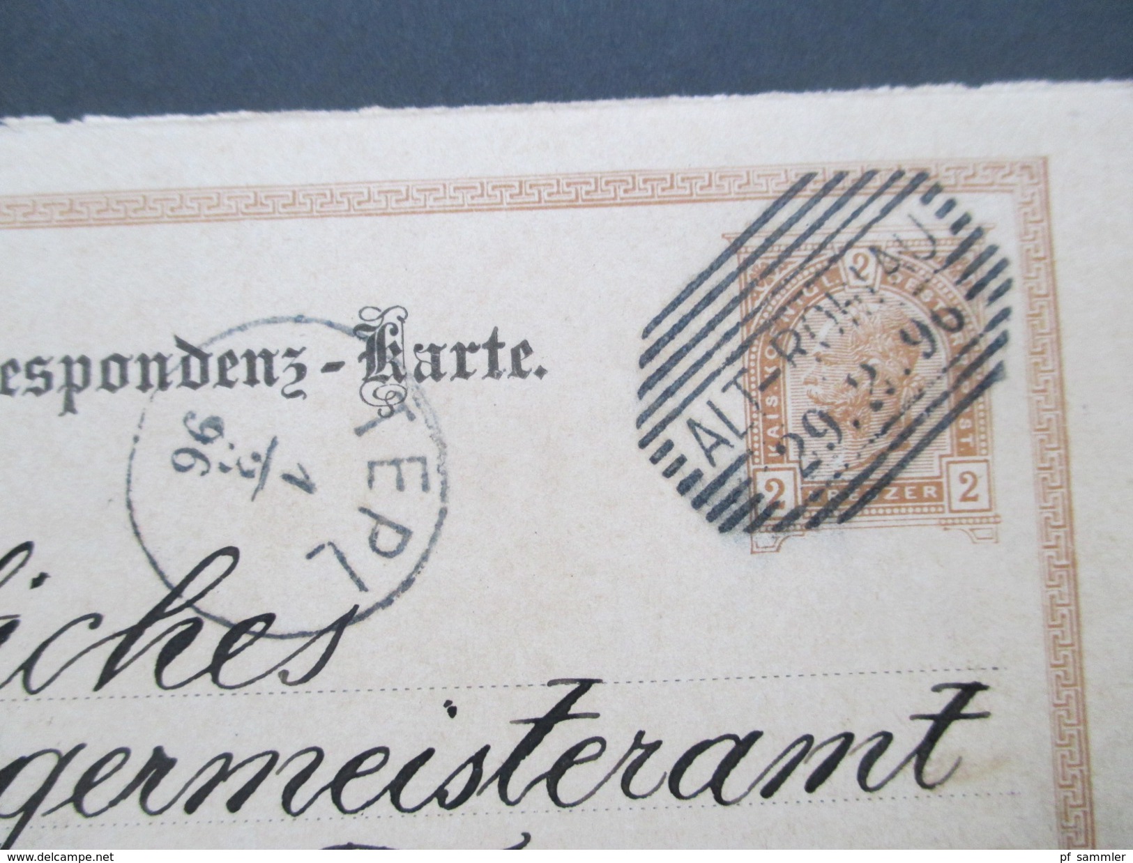 Österreich 1896 Ganzsache Fragekarte Alt-Rohlau - Teplitz An Das Bürgermeisteramt.  Bei Marienbad. Strich Stempel - Cartas & Documentos