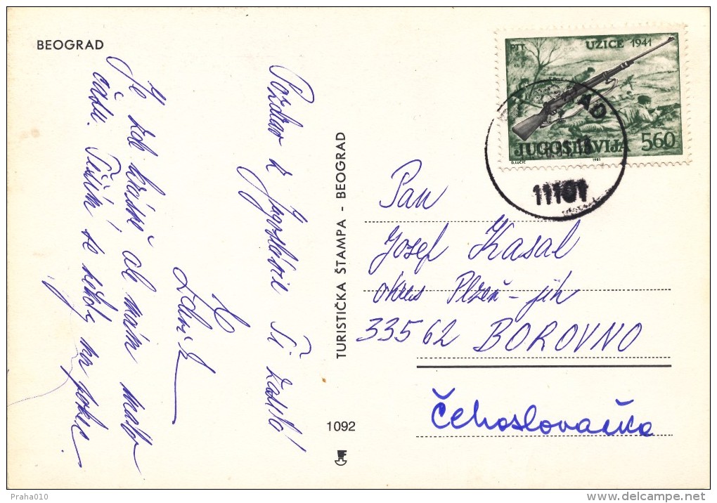 L0934 - Yugoslavia (1981) 11101 Beograd (postcard To Czechoslovakia) Tariff: 5,60 (stamp: Uzice 1941 - WW2) - 2. Weltkrieg