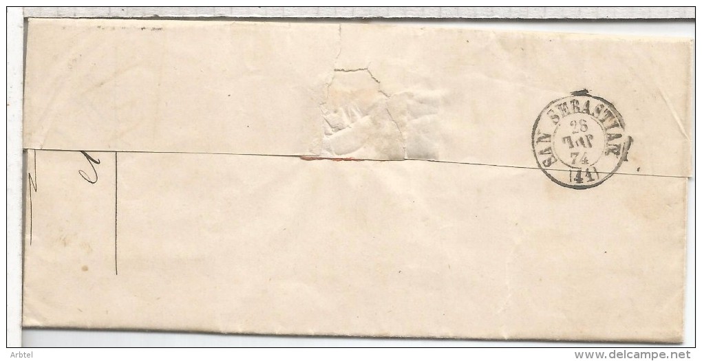 AVILES ASTURIAS CC A SAN SEBASTIAN 1874 SELLO 10 CTS CON IMPUESTO DE GUERRA 5 CTS - Cartas & Documentos