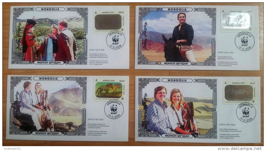 Mongolia: 4x Commemmorative Cover, 2006, Visit Prince Willem-Alexander & Maxima, Hologram Stamp Wild Horse, WWF, Rare - Mongolië