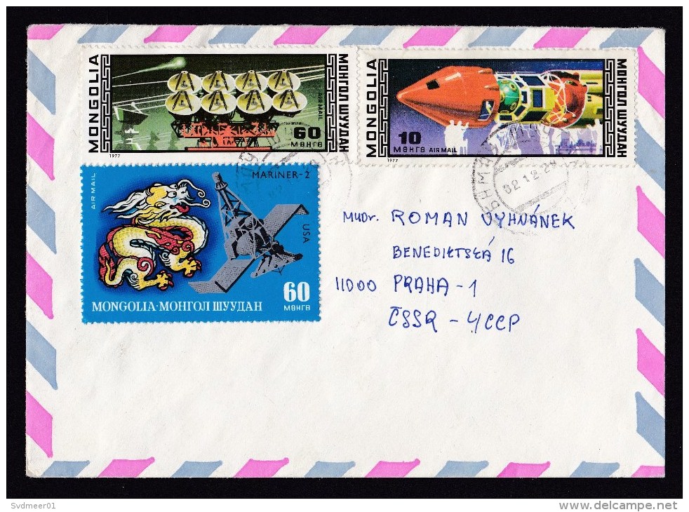 Mongolia: Airmail Cover To Czechoslovakia, 1982, 3 Stamps, Mariner Satellite, Rocket, Space, Dragon (traces Of Use) - Mongolië