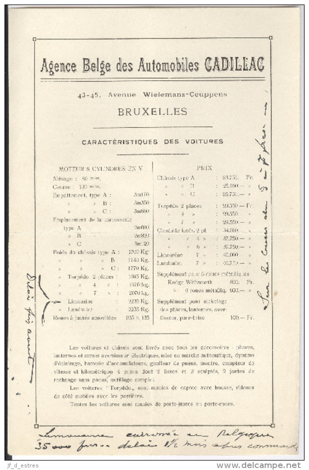 Agence Belge Des Automobiles Cadillac Bruxelles. Caractéristiques Des Voitures Vers 1920 - Automobile