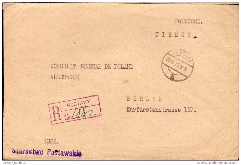 LETTRE RECOMMANDEE 1929 - POSTEE A POSTAWY - CACHET POSTAL ARRIVEE BERLIN - RECTO/VERSO - - Briefe U. Dokumente