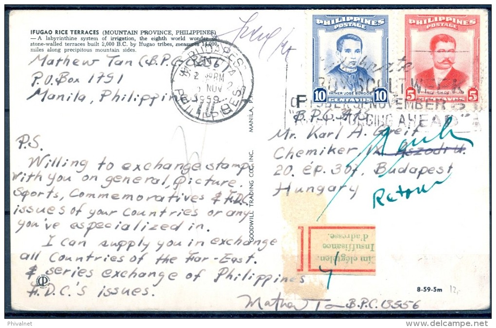 1959 , FILIPINAS , TARJETA POSTAL CIRCULADA ENTRE MANILA Y BUDAPEST, TERRAZAS DE ARROZ DE IFUGAO , DEVUELTA A ORIGEN - Filipinas