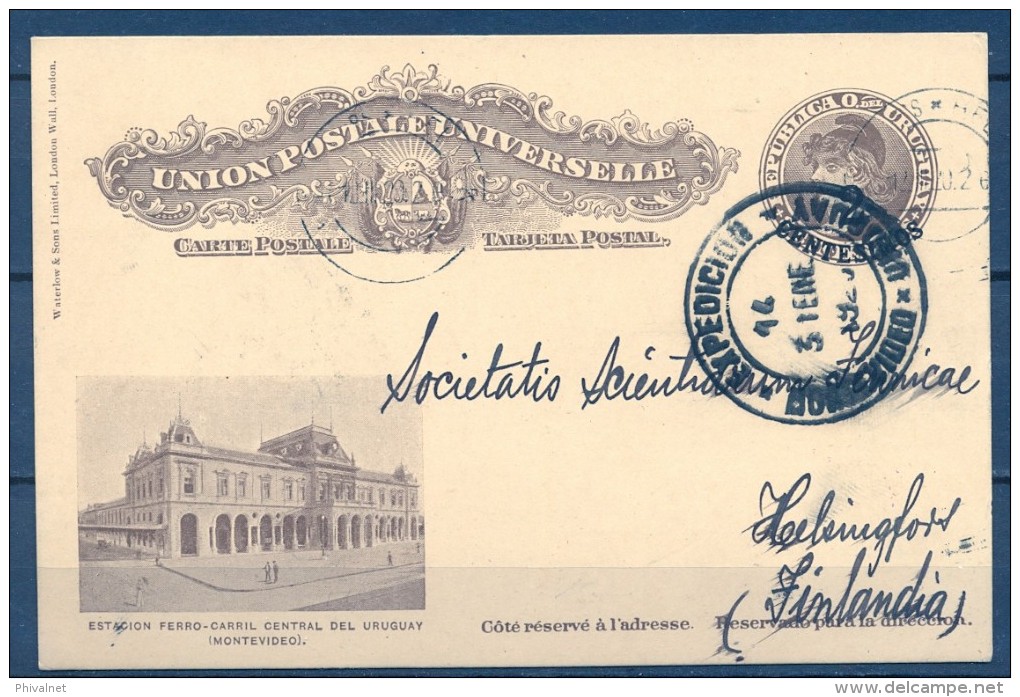 1920 , URUGUAY , ENTERO POSTAL ESTACIÓN FERROCARRIL CENTRAL , MONTEVIDEO - HELSINGFORS , MUSEO HISTORIA NATURAL - Uruguay