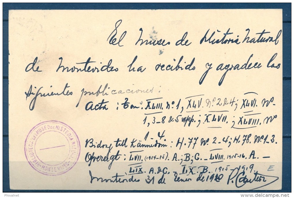 1920 , URUGUAY , ENTERO POSTAL ESTACIÓN FERROCARRIL CENTRAL , MONTEVIDEO - HELSINGFORS , MUSEO HISTORIA NATURAL - Uruguay