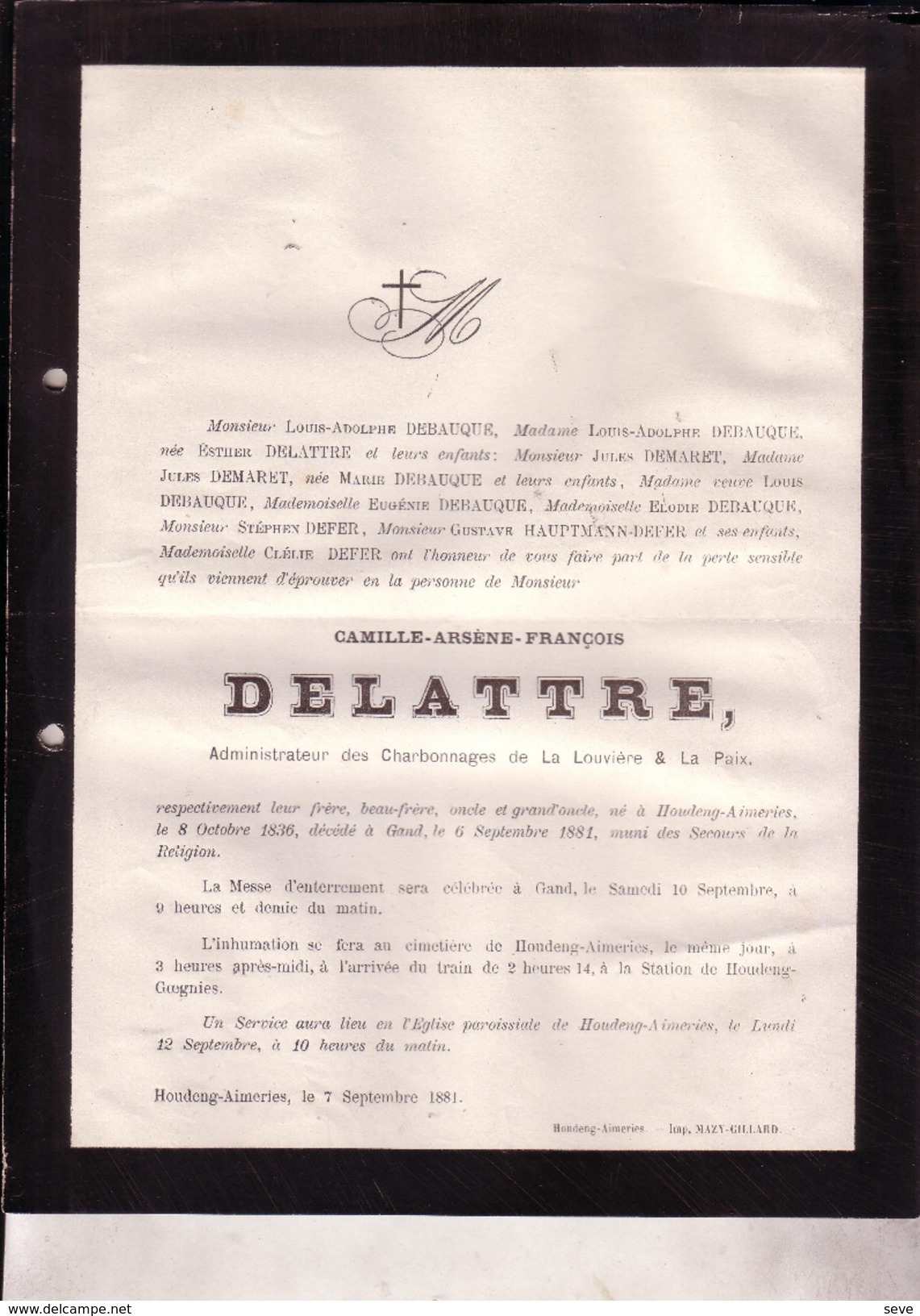 HOUDENG-AIMERIES Camille DELATTRE 1836-1881 Administrateur Charbonnages De La Louvière Et La Paix DEBAUQUE DEMARET - Obituary Notices