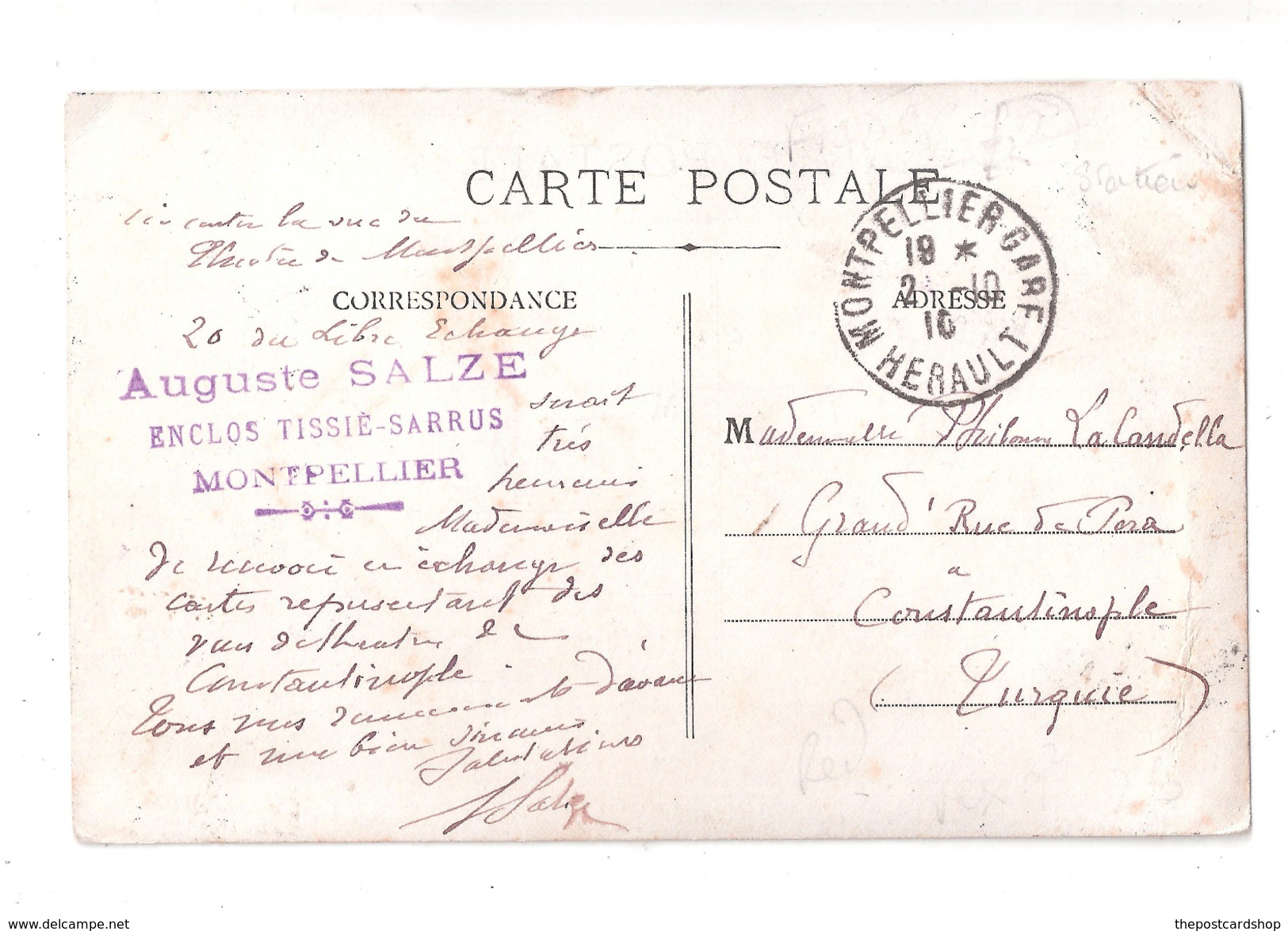 CPA 34 MONTPELLIER THEATRE 1910 AUGUSTE SALZE ENCLOS TISSIE SARRUS MONTPELLIER  SENT TO TO CONSTANTINOPLE TURQUIE - Montpellier