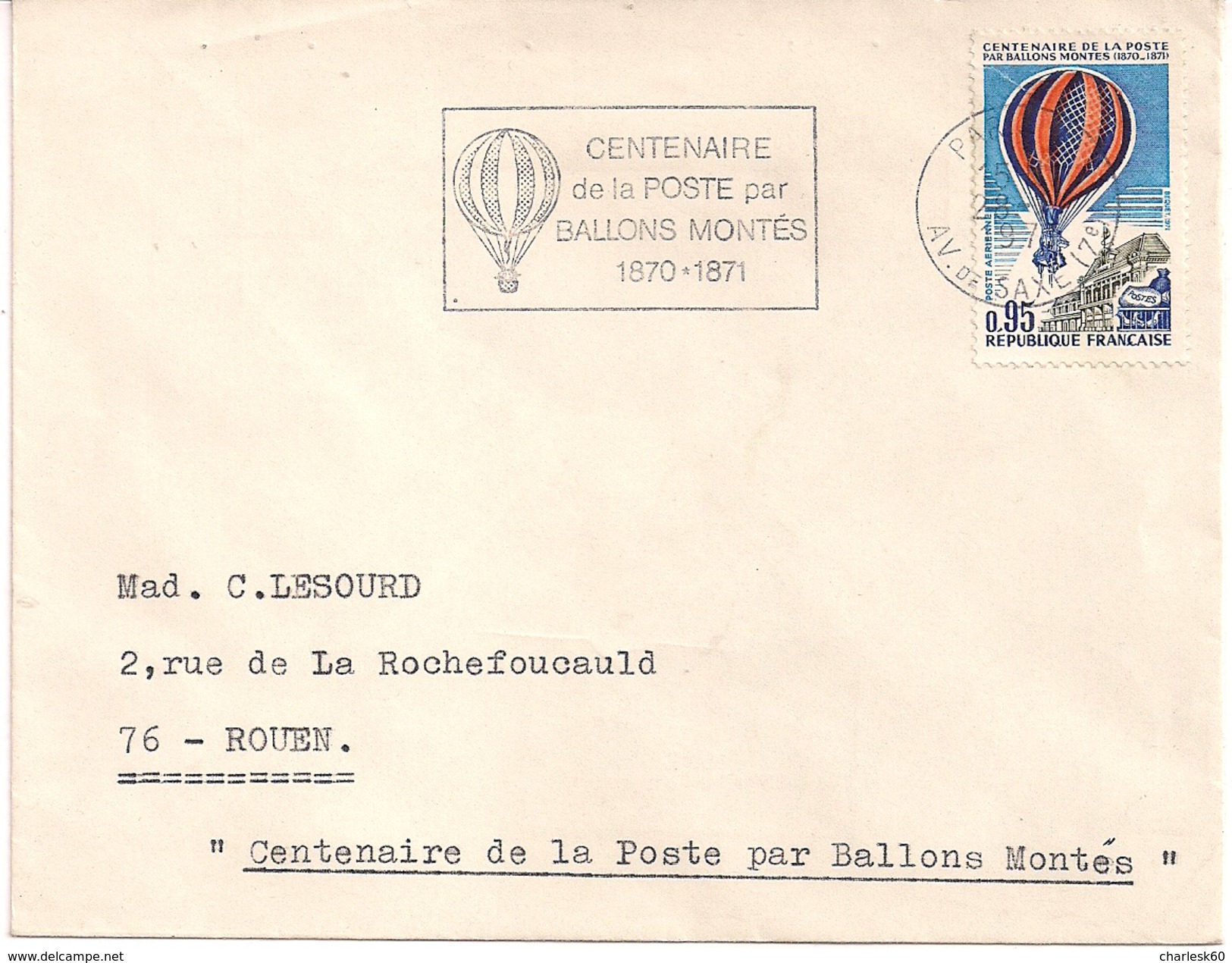 FDC Centenaire De La Poste Par Ballons Montés - 1970-1979