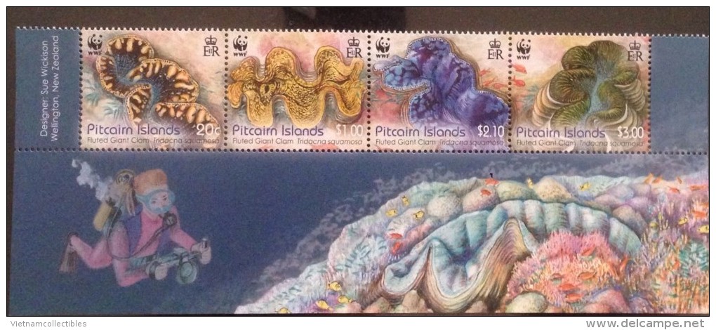 (WWF-507) W.W.F. Pitcairn Islands Fluted Giant Clam MNH Perf Strip Stamps With Bottom Margin 2012 - Unused Stamps