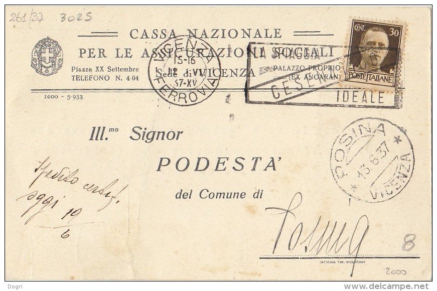 1937 Vicenza Ferovia Targhetta  "Cesenatico La Spiaggia Ideale" Su Cartolina Cassa Naz.le Per Le Assicurazioni Sociali - Storia Postale