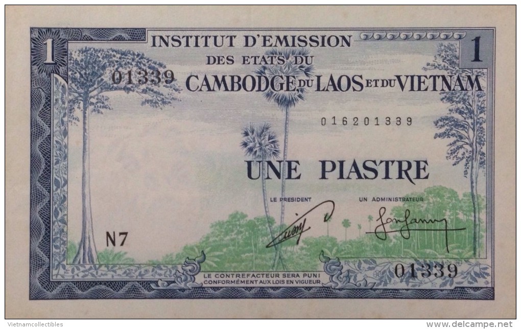 Indochine Indochina Vietnam Viet Nam Laos Cambodia 1 Piastre AU Banknote 1953-1954 - P#94 / 02 Images - Indochina