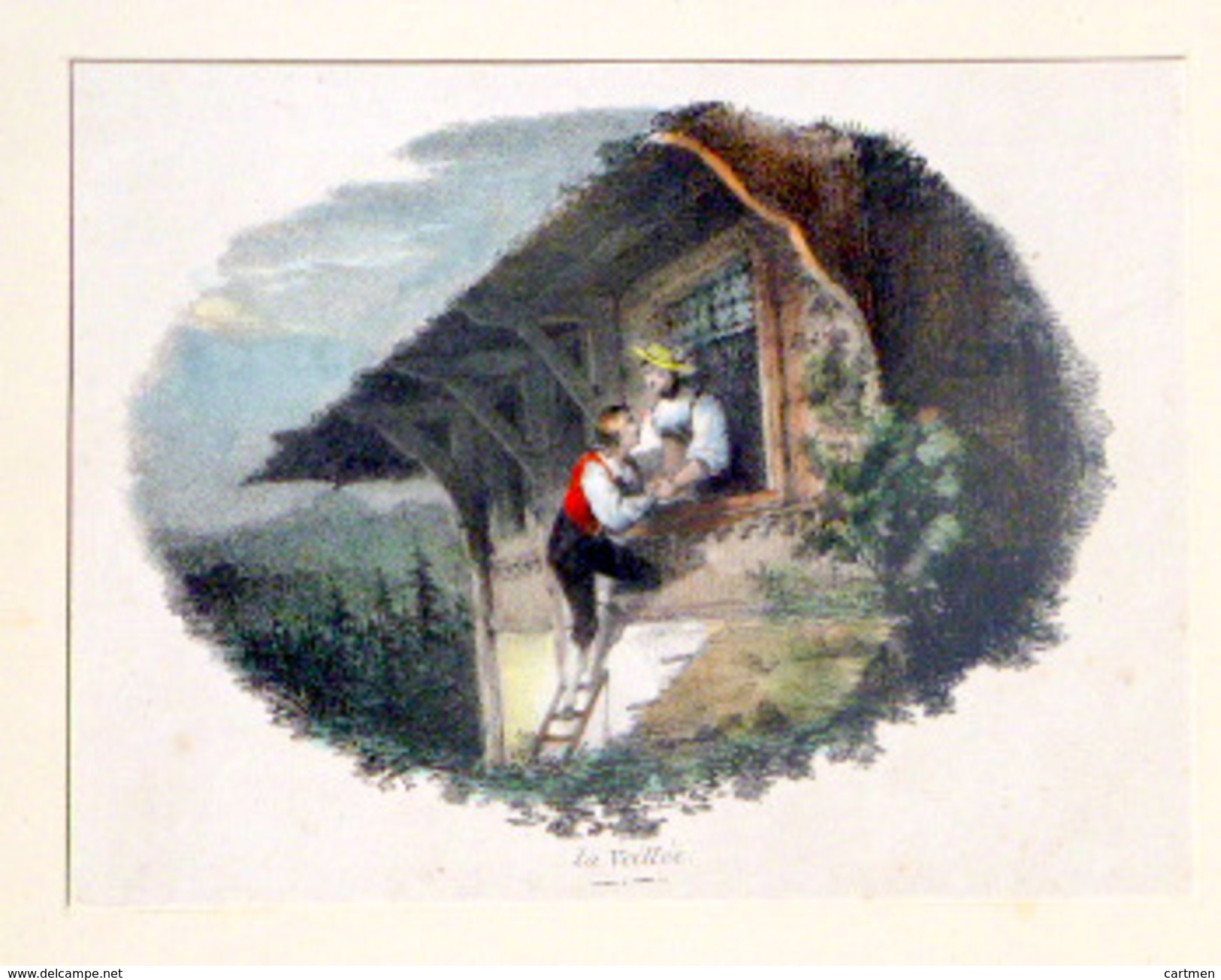 SUISSE SWISS GRAVURE ROMANTIQUE LA VEILLEE  1823 COULEURS POSTERIEURES - Estampes & Gravures