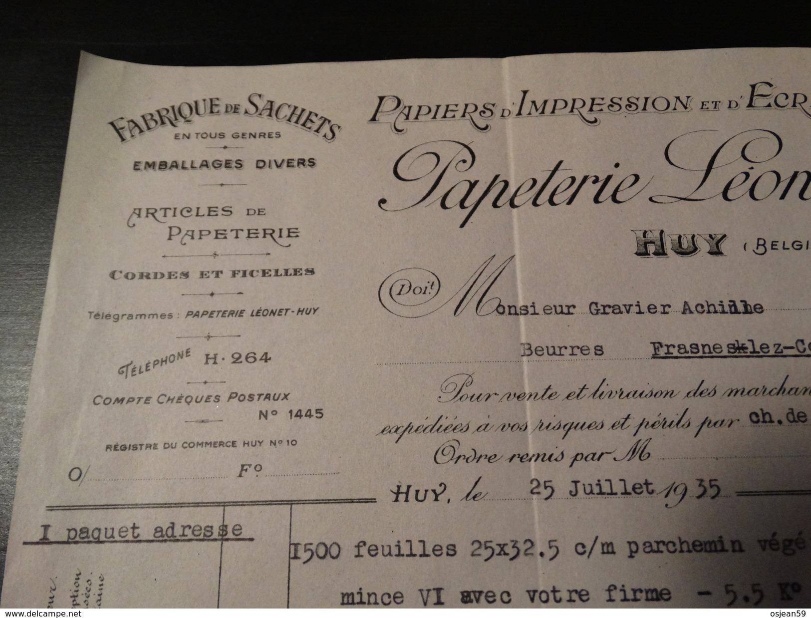 Facture : Papeterie Léonet à Huy Papiers D'impression Et D'écriture-Fabrique De Sachets.-1935- - Drukkerij & Papieren