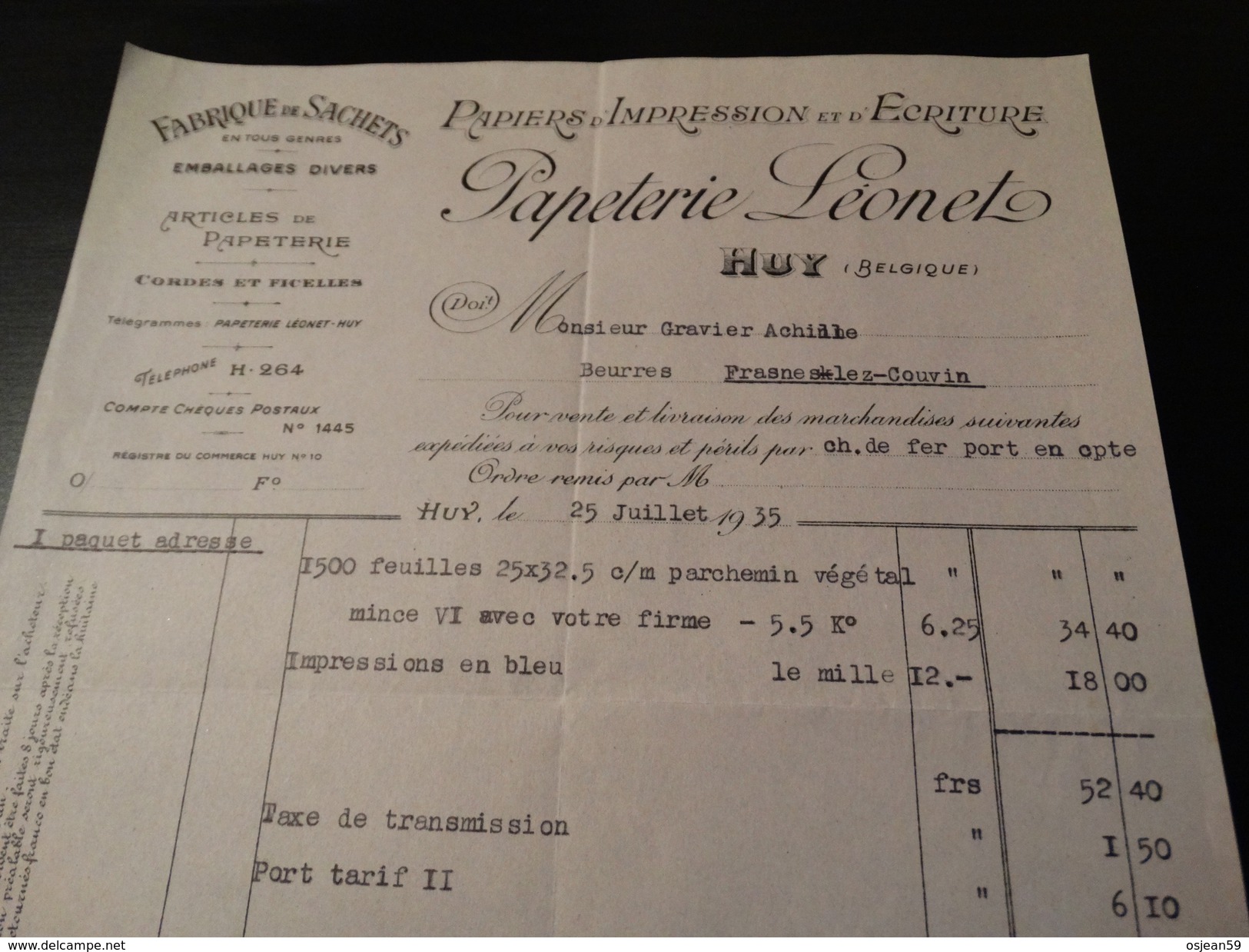 Facture : Papeterie Léonet à Huy Papiers D'impression Et D'écriture-Fabrique De Sachets.-1935- - Imprenta & Papelería