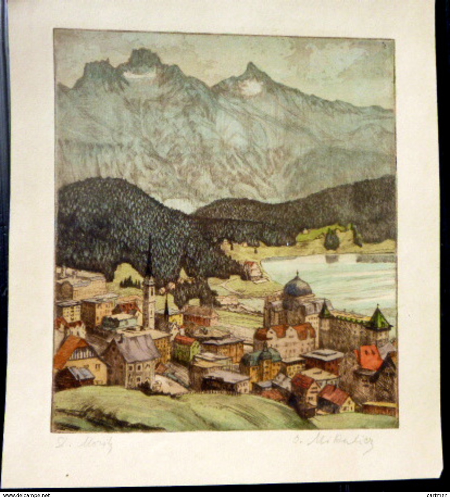 SUISSE SWISS EAU FORTE D'UNE VILLE SUISSE  A SITUER   COLORIS D'EPOQUE UN LEGER  PLI - Estampes & Gravures