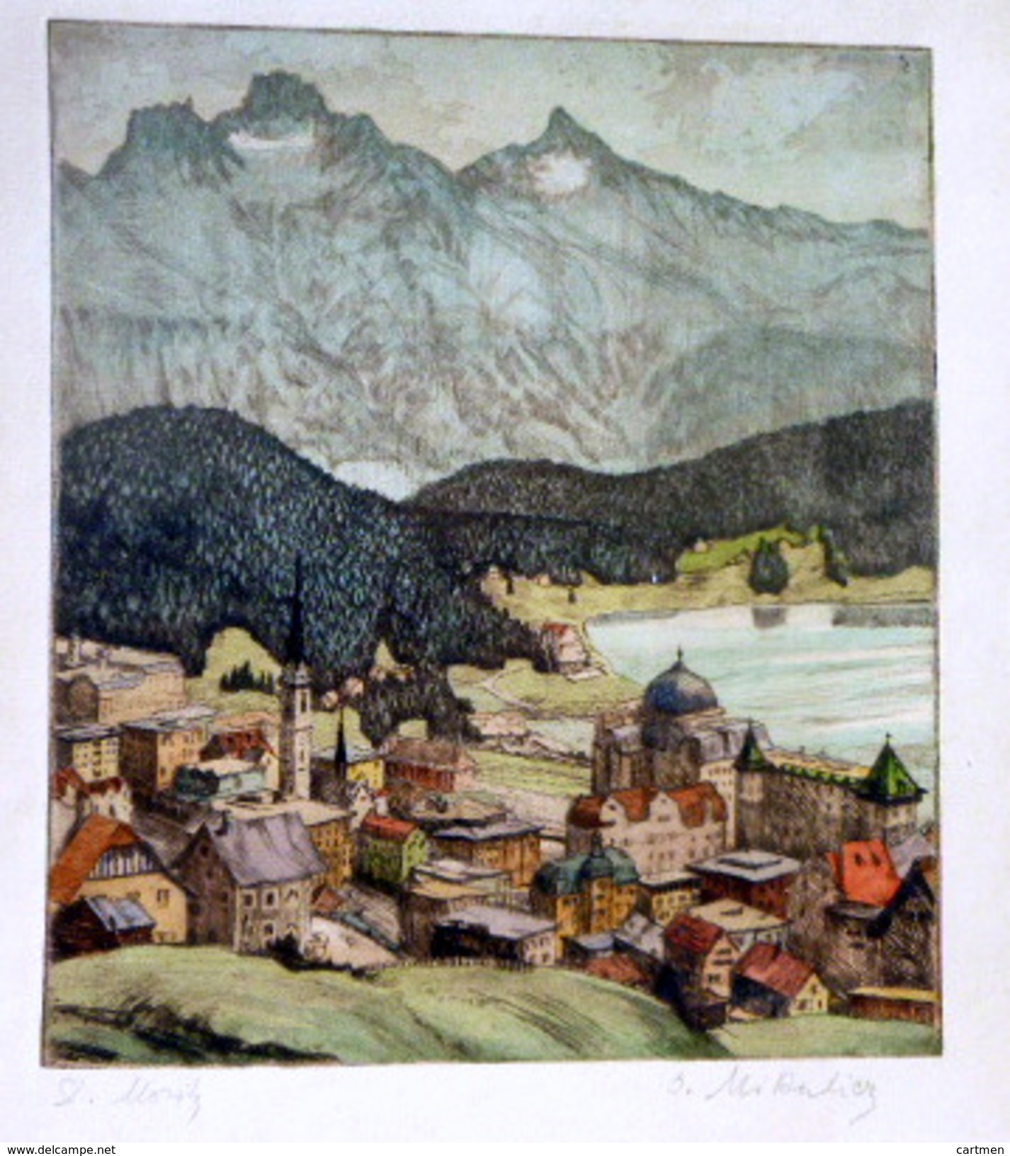 SUISSE SWISS EAU FORTE D'UNE VILLE SUISSE  A SITUER   COLORIS D'EPOQUE UN LEGER  PLI - Estampas & Grabados