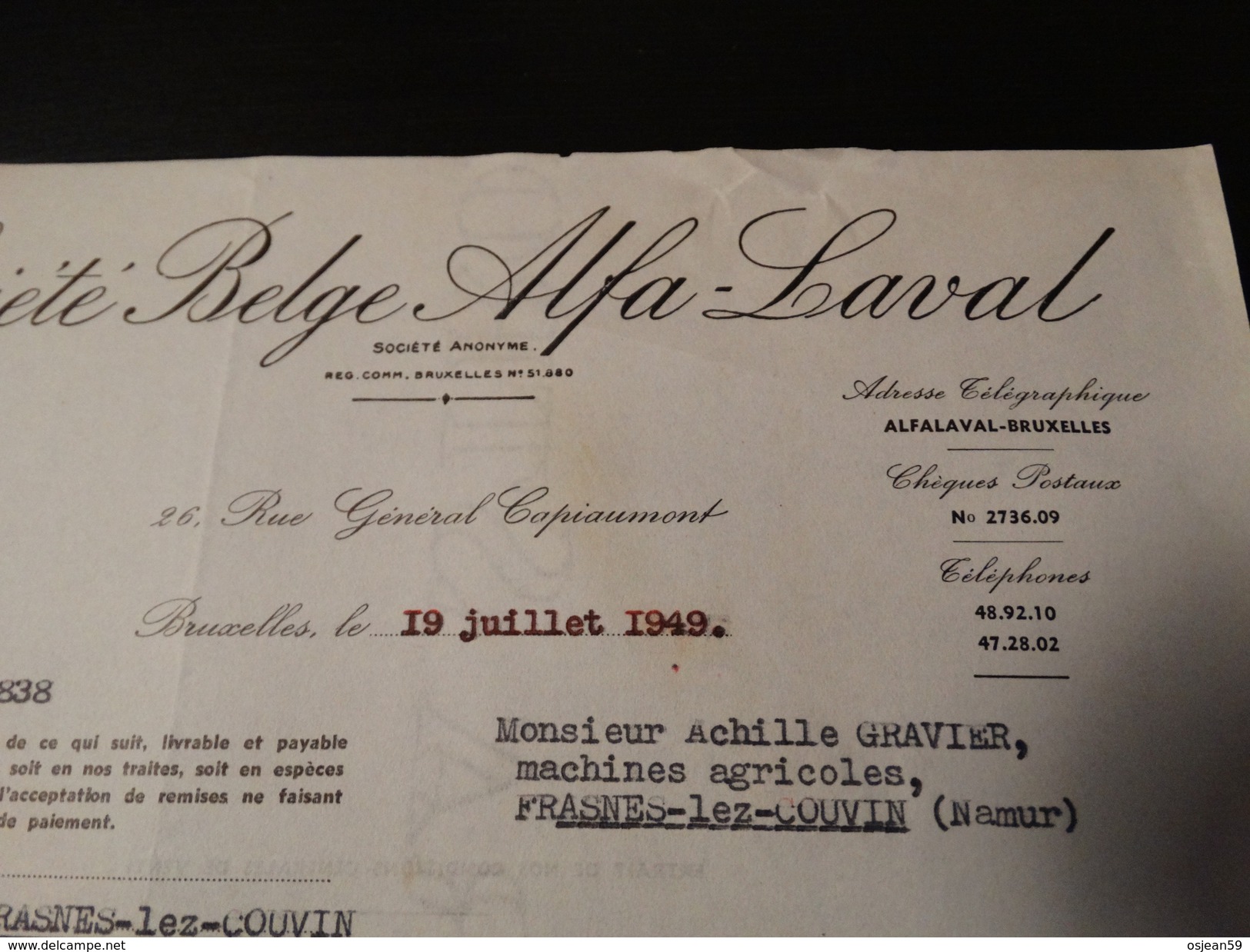 Facture : Société Belge Alfa-Laval-Trayeuses à Bruxelles.-1949- - Landbouw